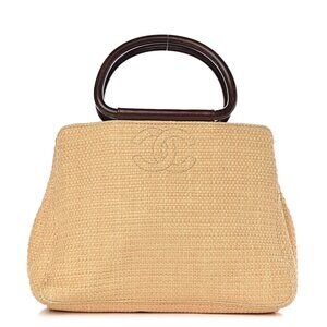 Authentic CHANEL Vintage Raffia Tote Woven Straw Shoulder Bag Wooden Ring Beige